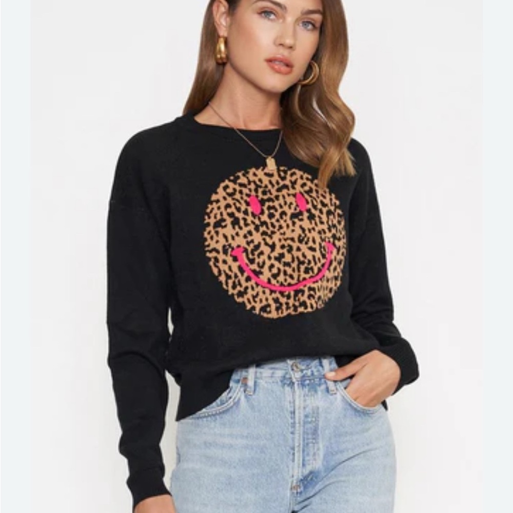 Leopard Smiley Face Black Sweater